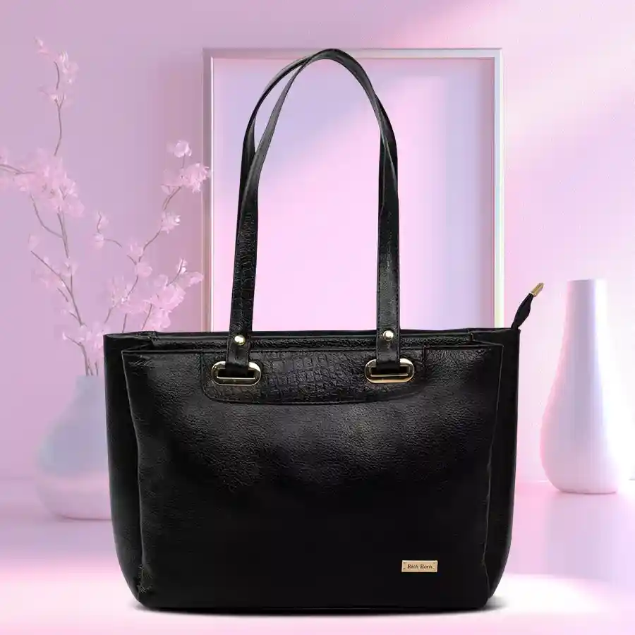Plush Black Sturdy Ladies Vanity Bag with faux leather finish.