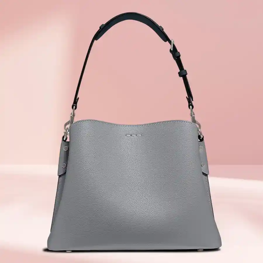 Stylish dark grey faux leather vanity shoulder bag with front zip closure, designed for elegance and practicality.