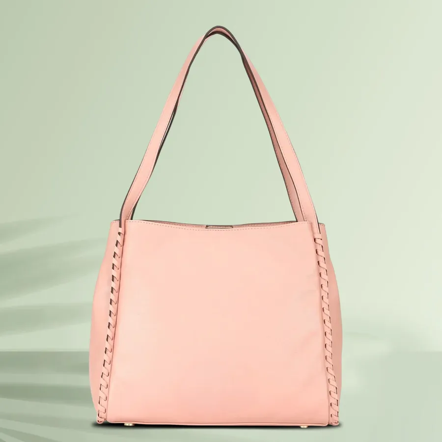 Pink Faux Leather Vanity Delight shoulder bag with two compartments.