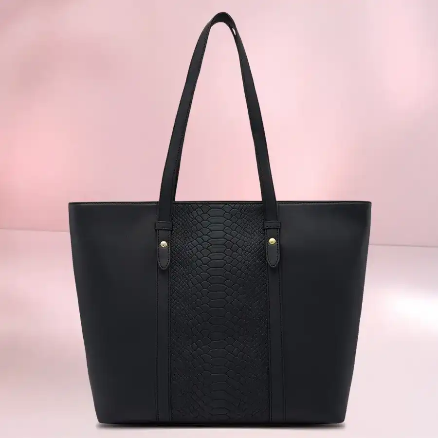 Sleek Black Belted Vanity Bag crafted from faux leather with two compartments, elegantly designed for ladies.