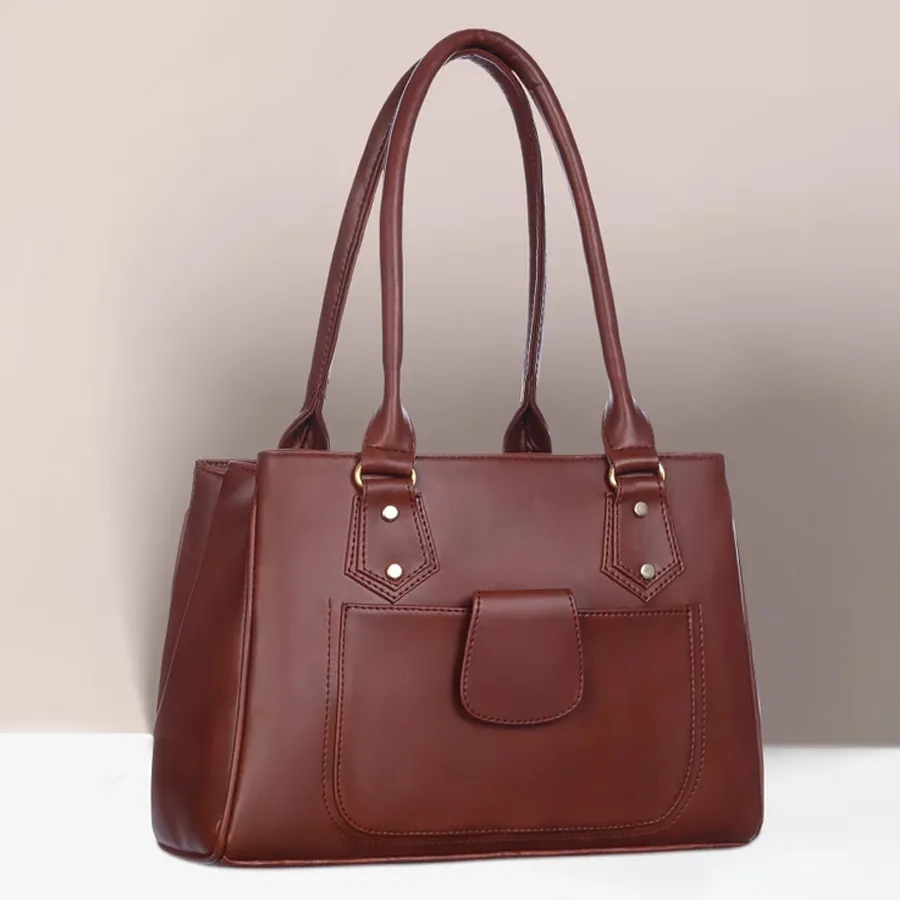 Stylish Brown Faux Leather Shoulder Bag for women, ideal for daily use with two chambers and a front zip.