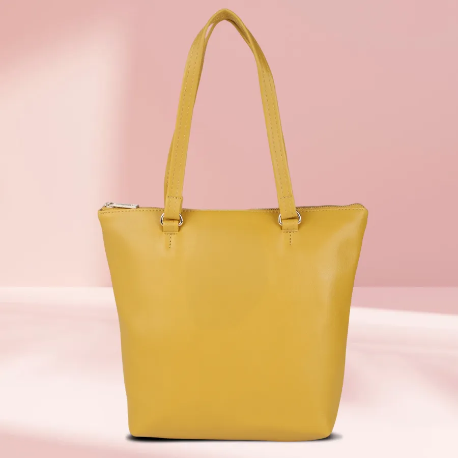 Chic Double Chamber Vanity Bag in yellow faux leather with two chambers and a front zip, designed for ladies.