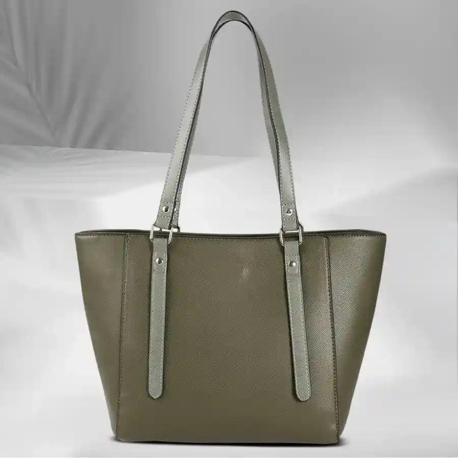 Chic Olive Green Shoulder Bag featuring an embossed design and double zip closure, crafted from faux leather for a stylish look.