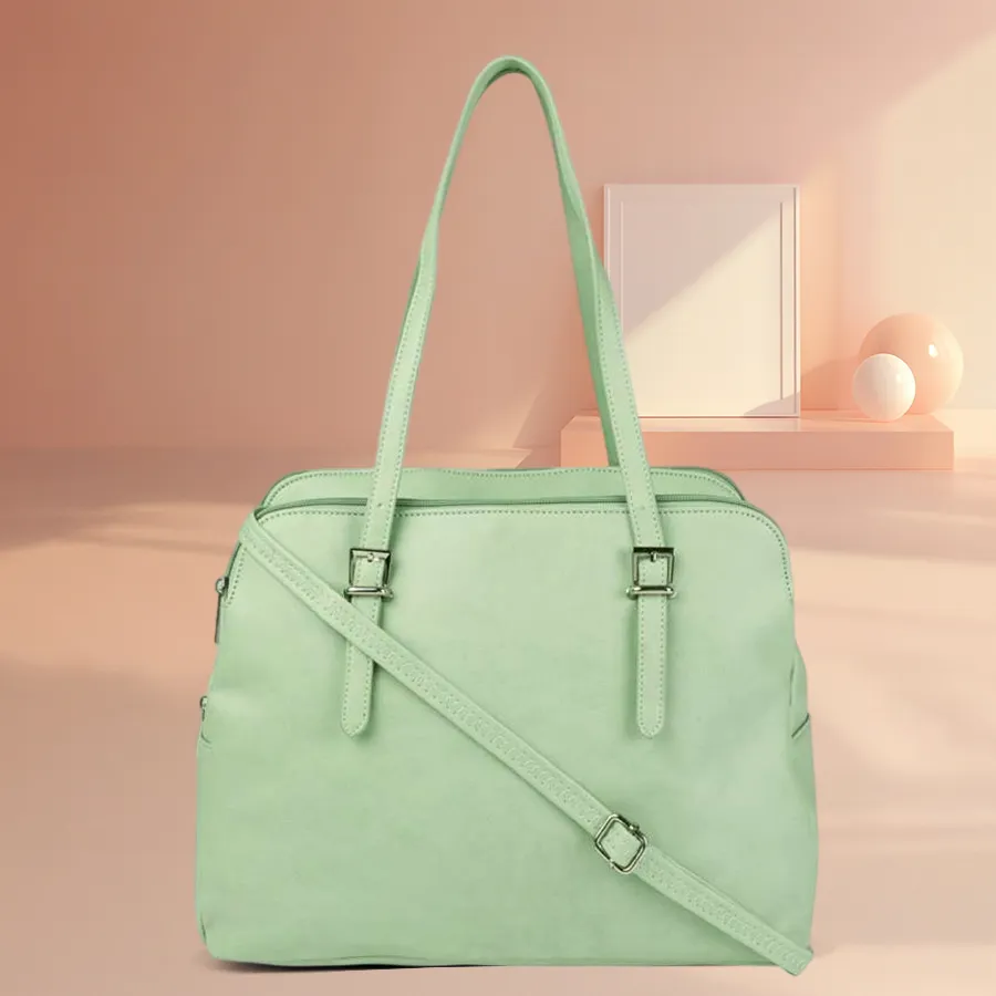 Classic Embossed Pattern Light Green Ladies Square Vanity Bag with two compartments.