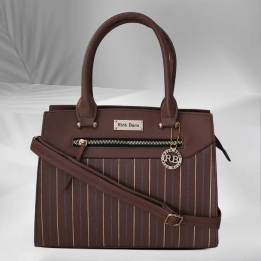 Chic Striped Grey Ladies Shoulder Bag with blue and golden stripes in faux leather.