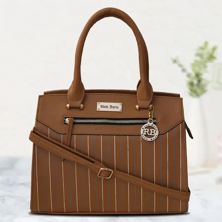 Chic Striped Leather Shoulder Bag featuring blue and golden stripes on a brown faux leather base.