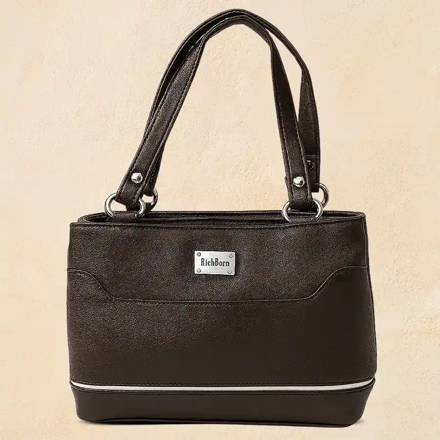 Classic Ladies Mini Bag in chocolate brown with white border, featuring two compartments, perfect for stylish organization.