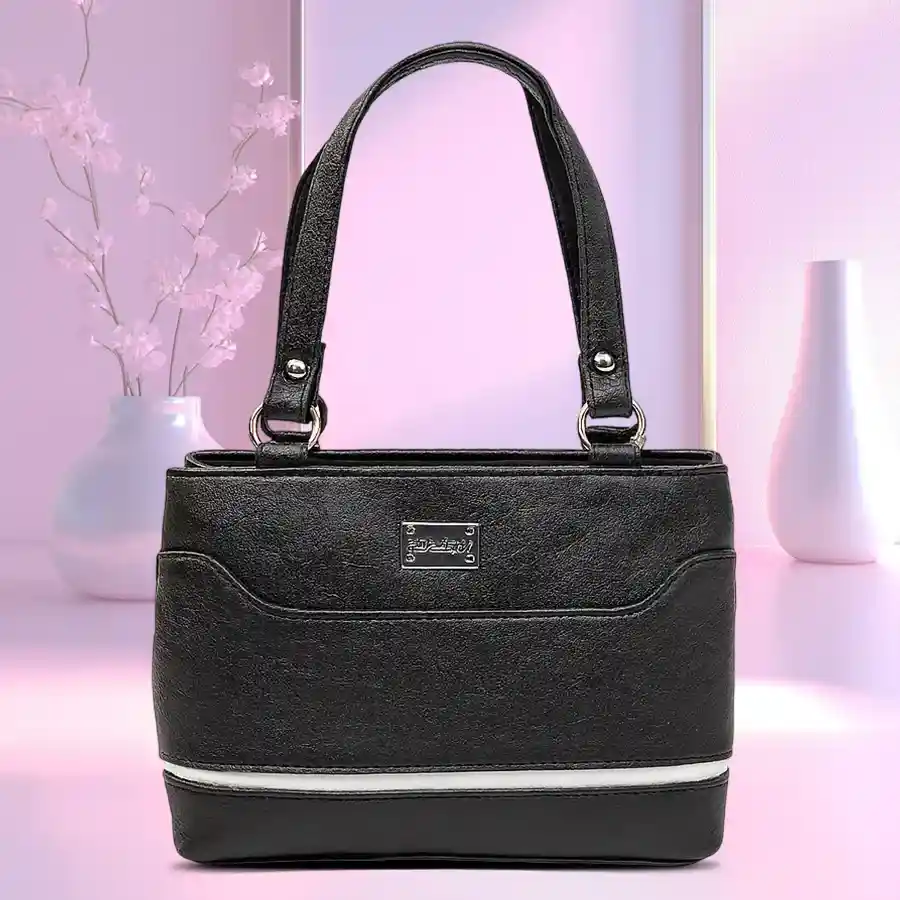 Fashionable Ladies Mini Shoulder Bag in black with white border.