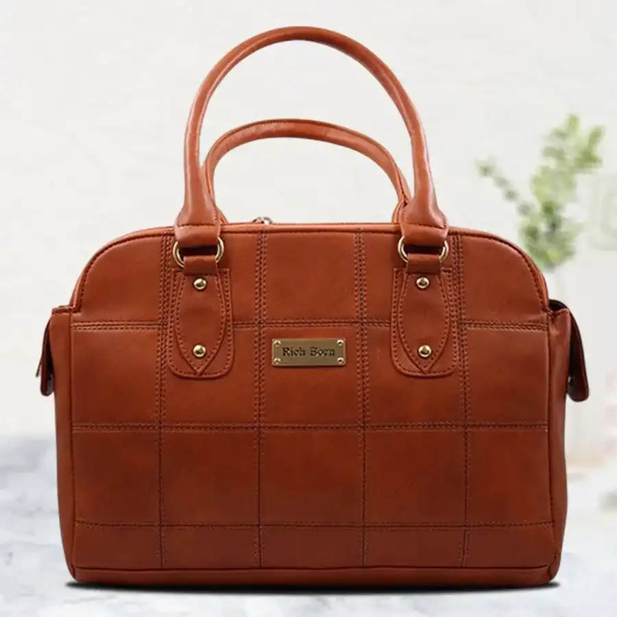 Stylish Smart Stich Design Ladies Bag in brown faux leather with three chambers and a detachable shoulder strap