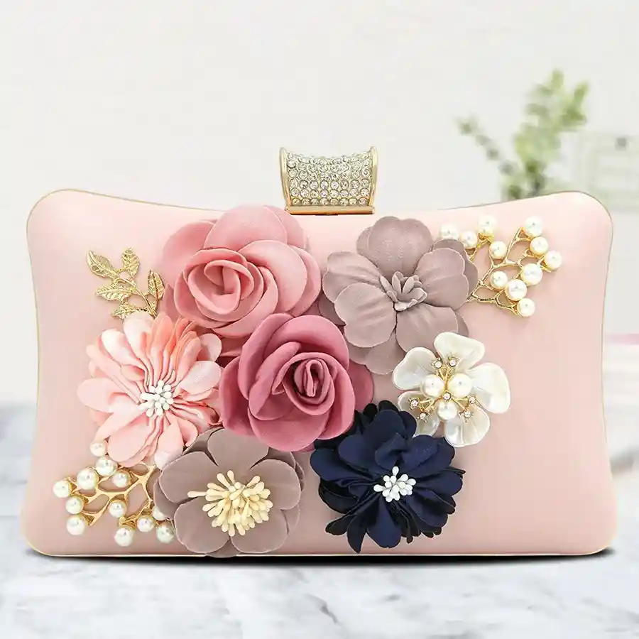 Elegant Floral Evening Clutch in Rose Gold with chain strap.