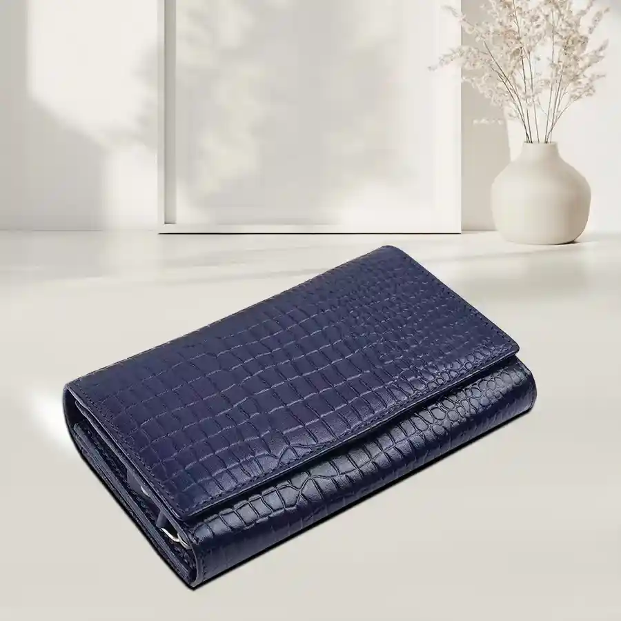 Croc Blue Leather RFID Protected Ladies Purse with button closure and multiple compartments.