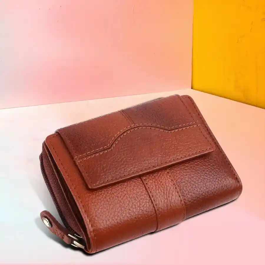 Chic Tan Leather RFID Protected Ladies Purse with 14 card slots and secure closure.
