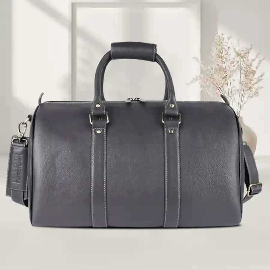 Chic Grey Leather Duffle Bag, 18 inches, stylish and practical travel companion.