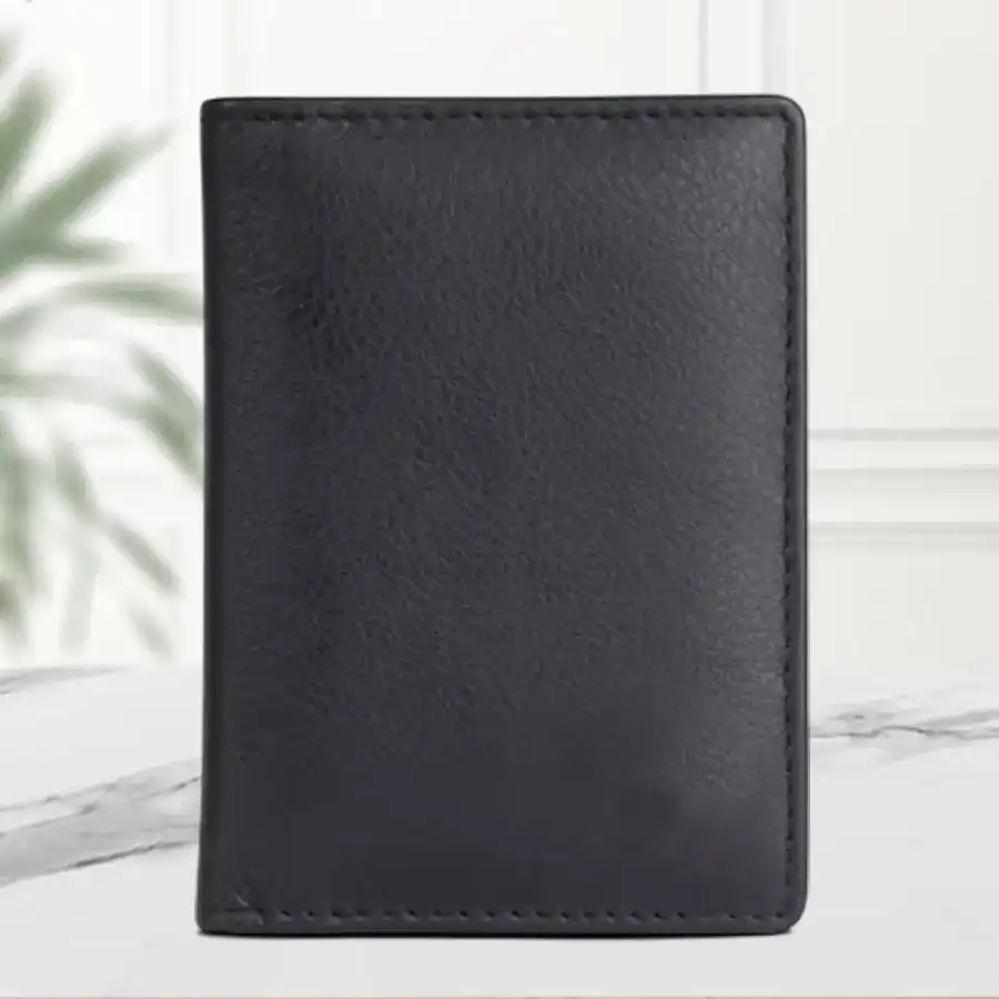 Sleek RFID Leather Passport Holder in black with organized slots for passport and cards.