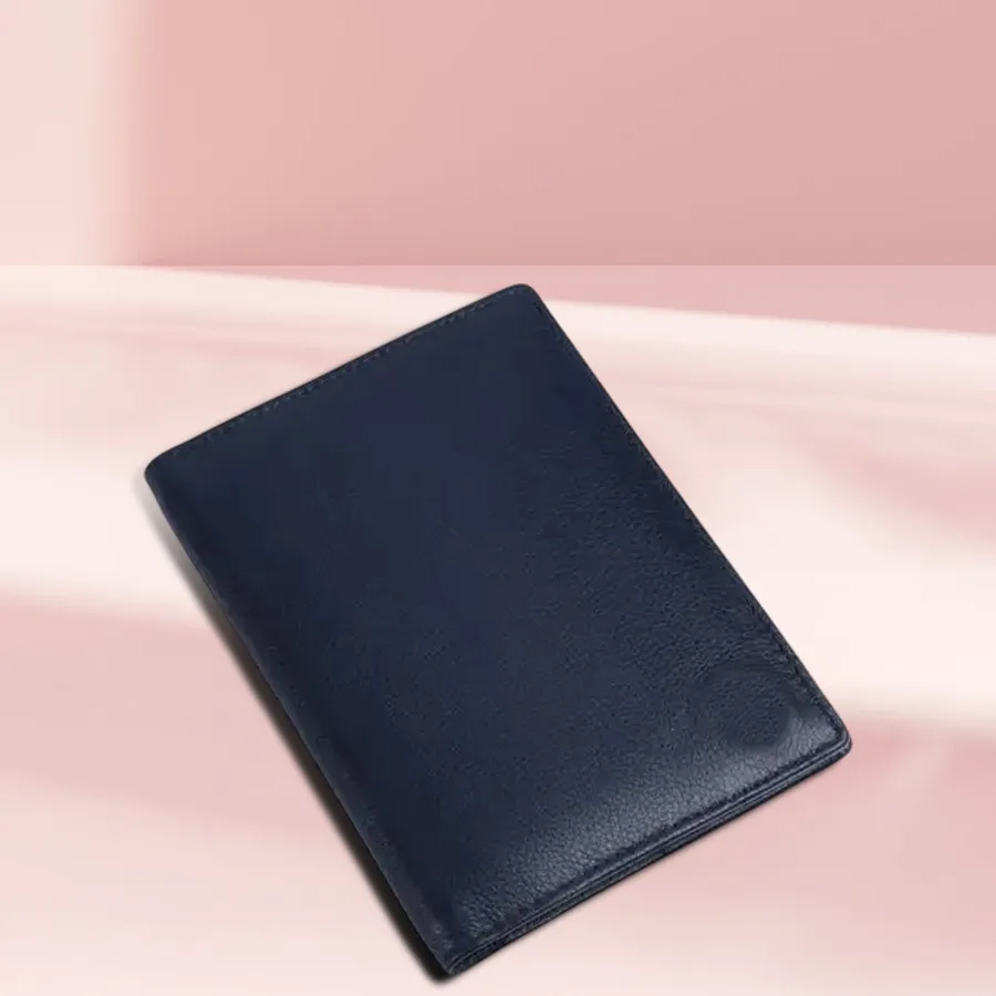 Stylish RFID Leather Passport Holder in Prussian Blue with slots for passport and ID.
