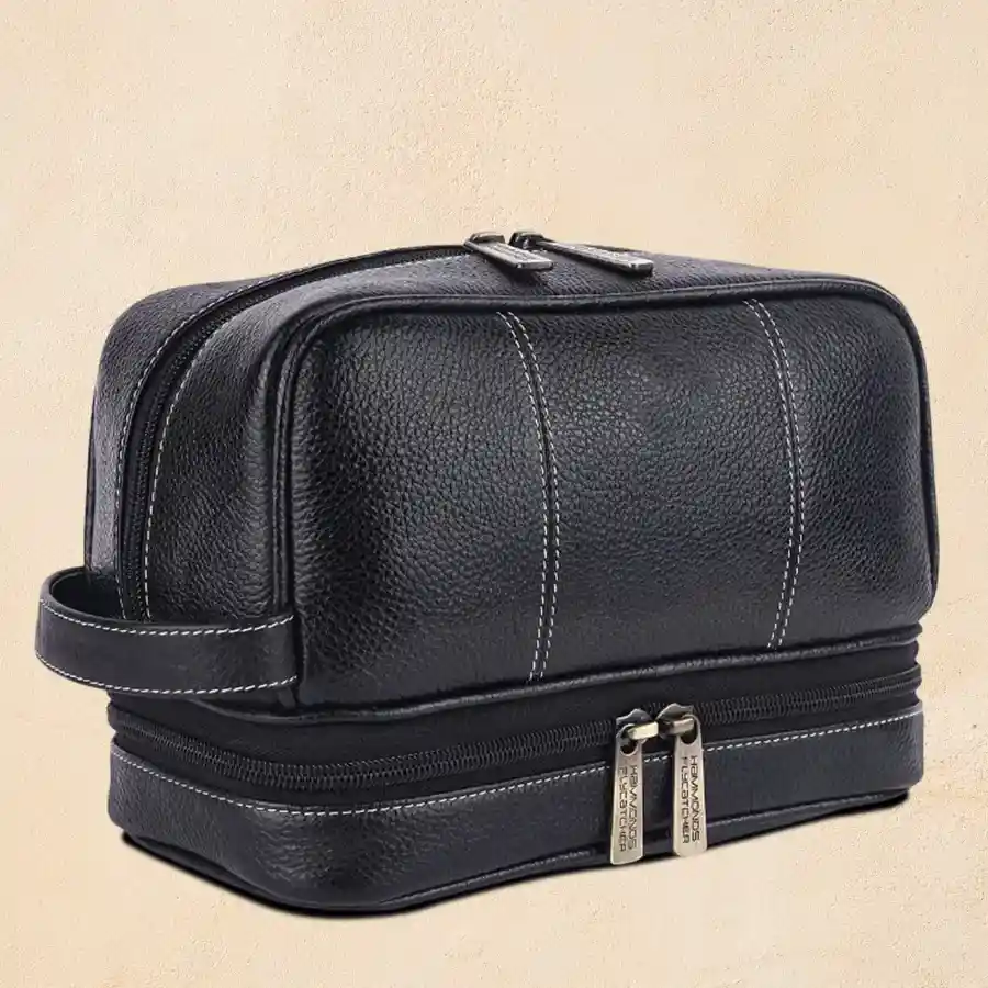 A Stylish Black Leather Toiletry Bag with multiple compartments for organized travel.