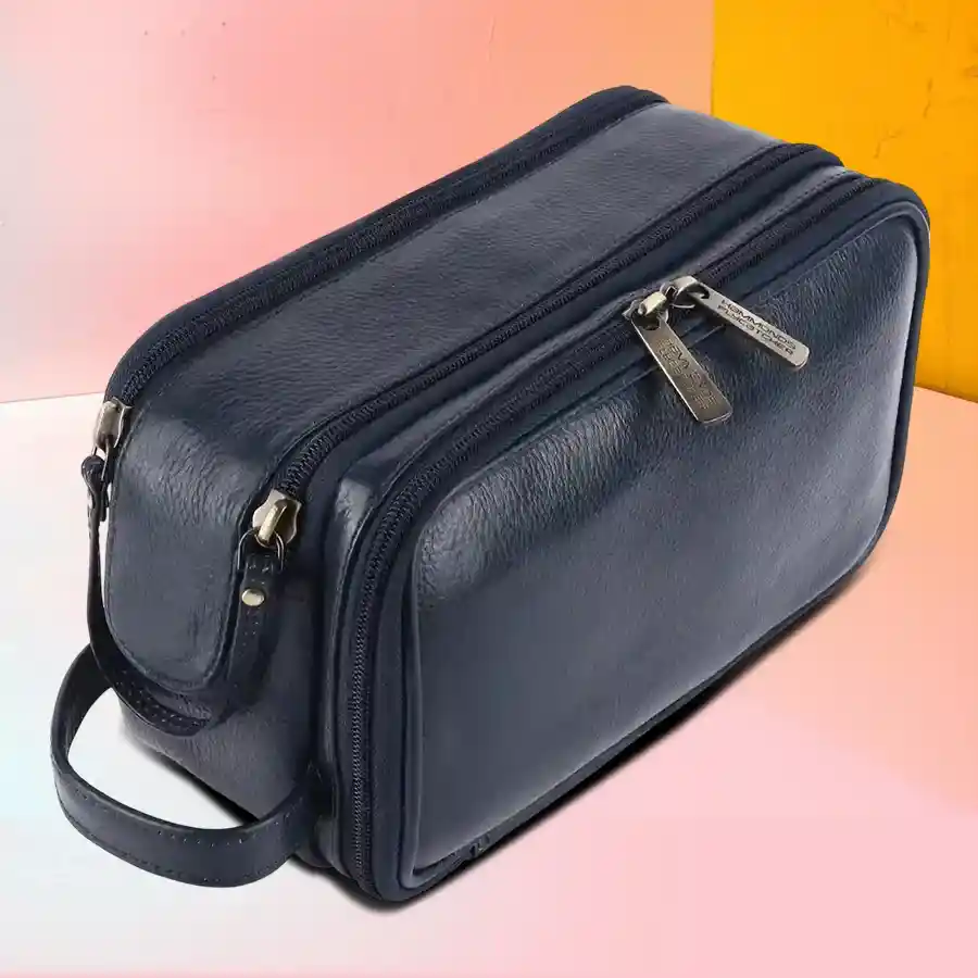 Royal Blue Leather Toiletry Travel Kit with multiple compartments for easy organization.
