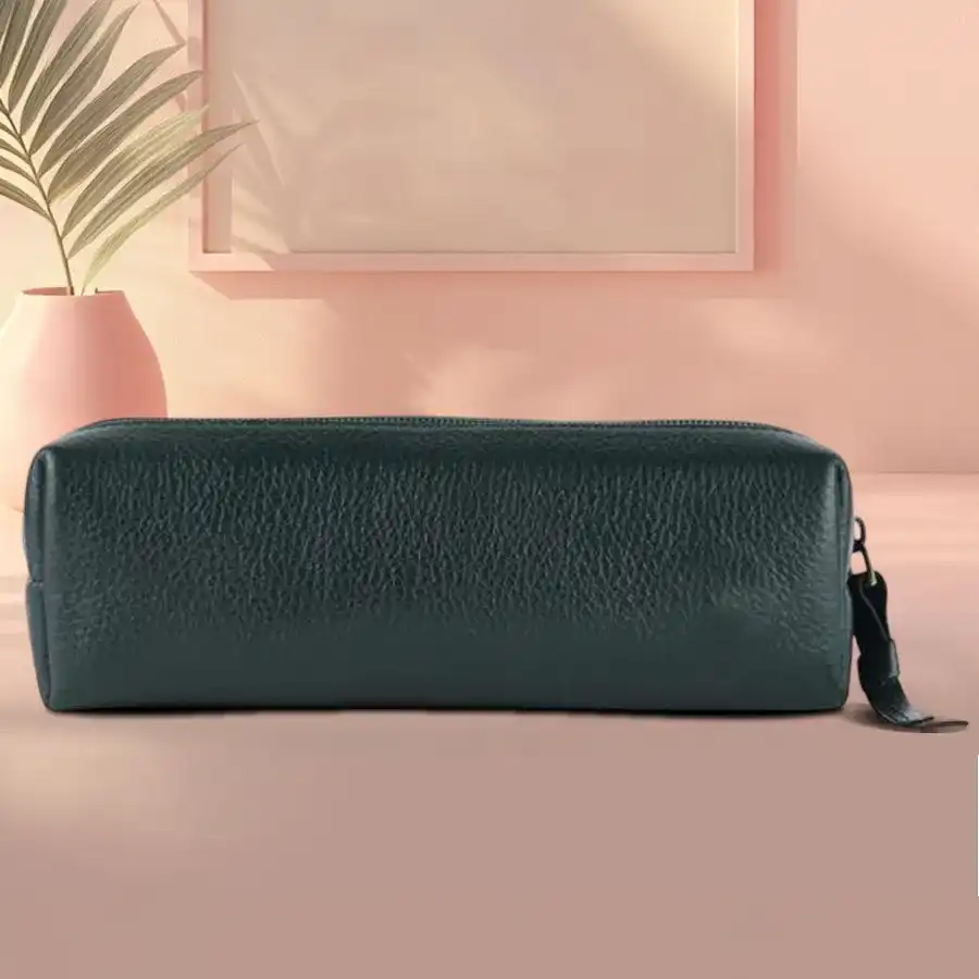 Chic Green Leather Utility Pouch showcasing premium leather with spacious compartments for versatile storage solutions.