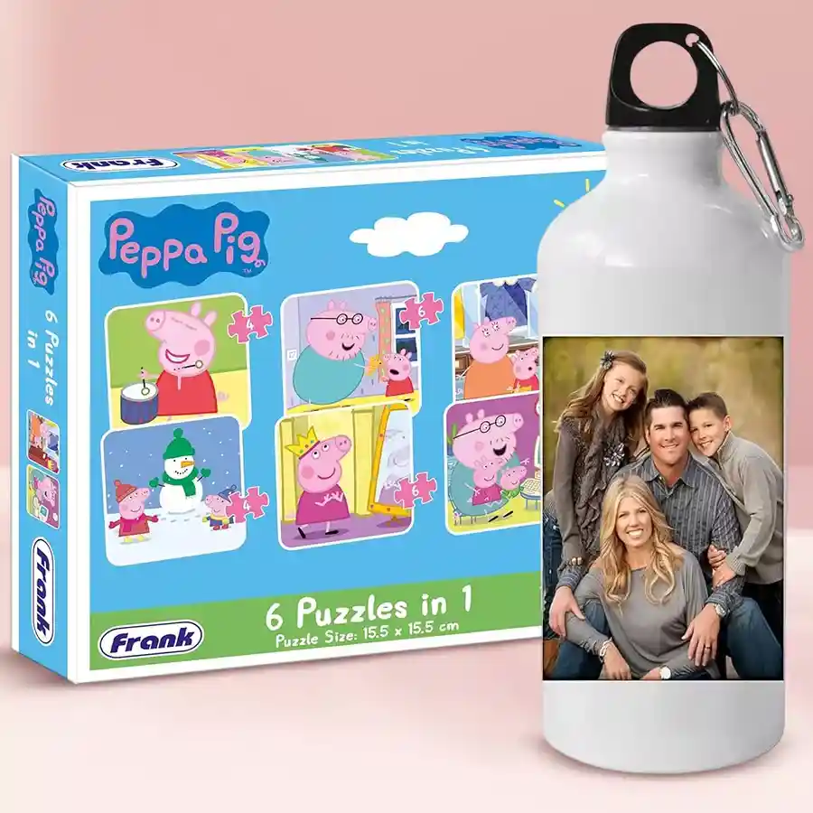 Marvelous Personalized Photo Sipper and Peppa Pig Puzzle Set featuring a sipper bottle and 36-piece puzzle for kids' celebrations.