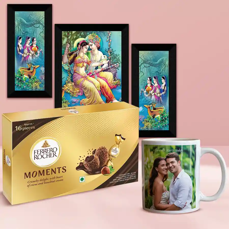 Enchanting Anniversary Gift Hamper featuring a personalized mug, photo frames, and Ferrero Rocher chocolates. Perfect for celebrating love!