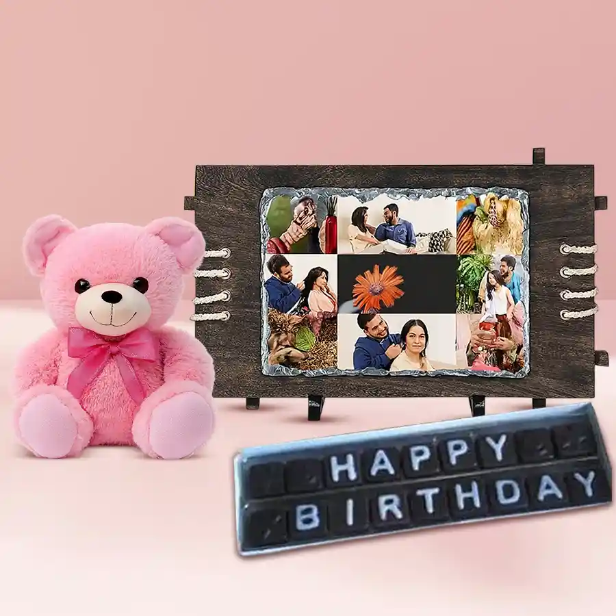 Heartfelt Birthday Gift Trio including personalized photo stone, teddy bear, and handmade chocolates.