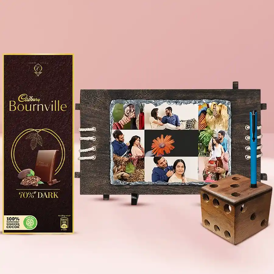 Unique Dad's Personalized Gift Combo including photo rock, Parker pen, chocolate bar, and pen stand.