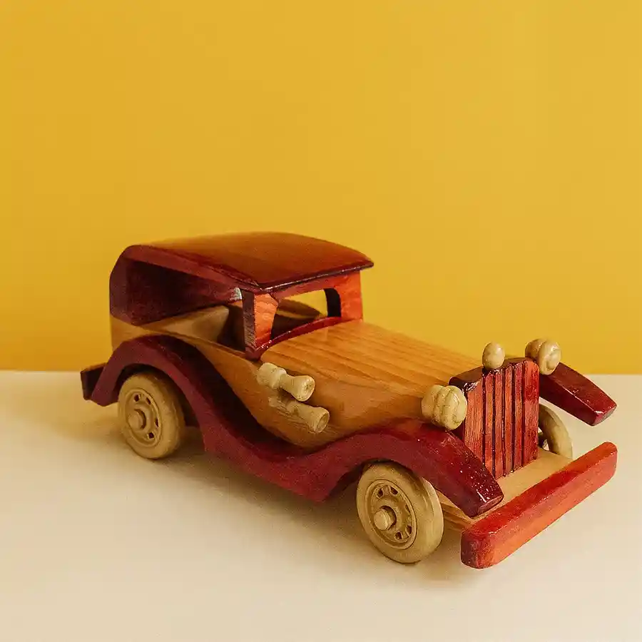 Classy Vintage Vehicle Wooden Car Toy in brown, 18cm tall.