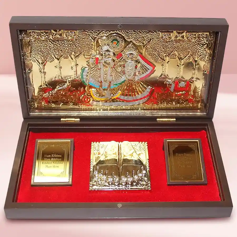 Gold Plated Radha Krishna Idol and Charan Paduka Gift Set, beautifully designed for spiritual and decorative purposes.