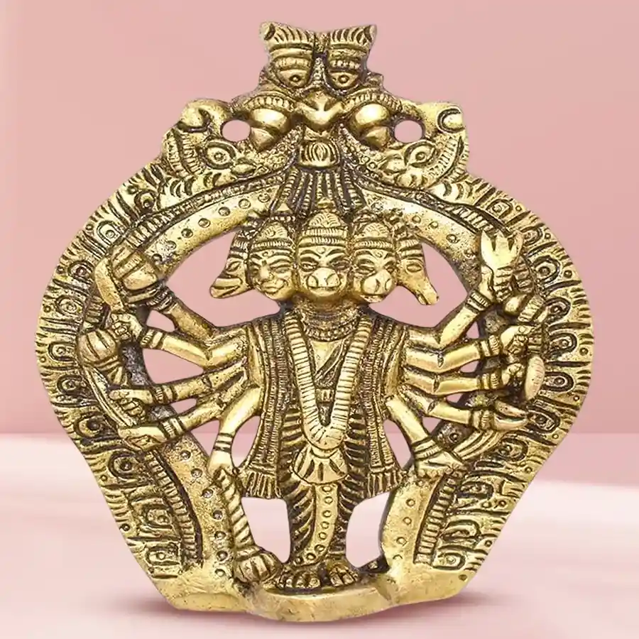 Elegant brass Panchmukhi Hanuman Idol in antique yellow, symbolizing devotion and protection, perfect for gifting.