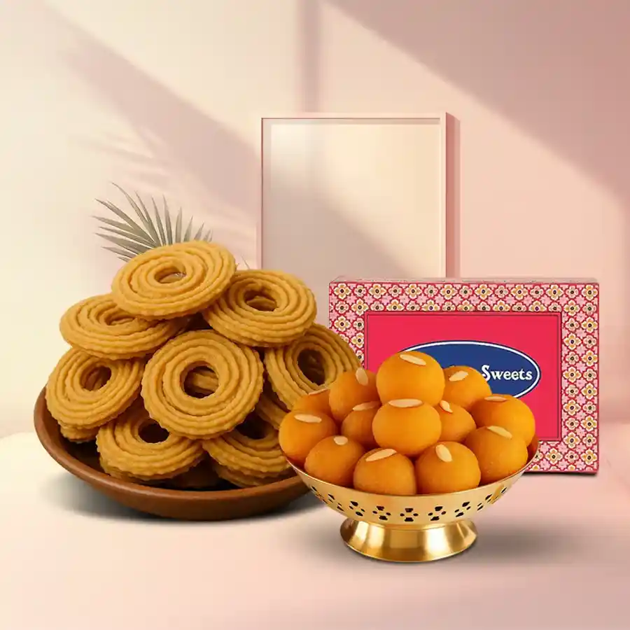 Gift combo featuring Motichur Laddu and Benne Murukku, showcasing a balance of sweet and savory flavors.
