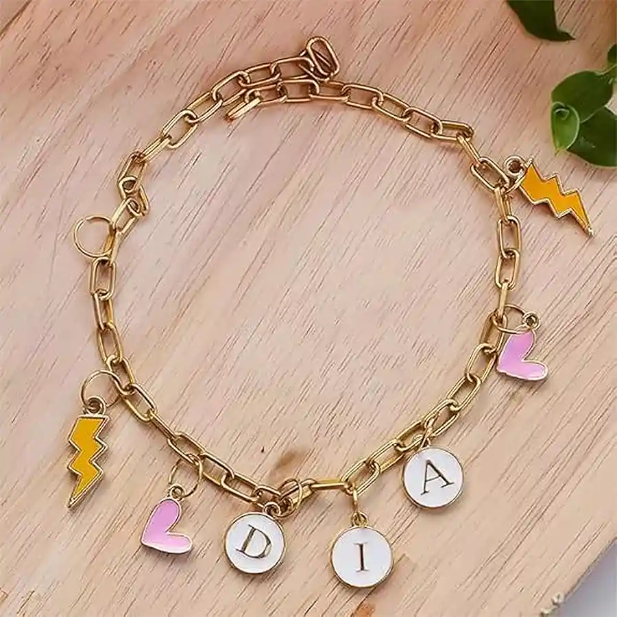 Customized Charm Name Bracelet with personalized name and charm options.