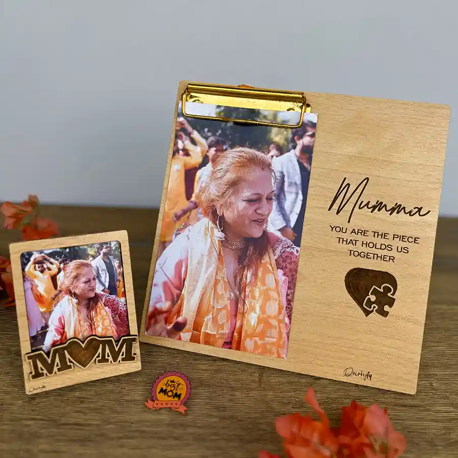 Heartfelt Mom Love Gift Set including a personalized photo plank, MOM Polaroid frame magnet, and Best Mom lapel pin.
