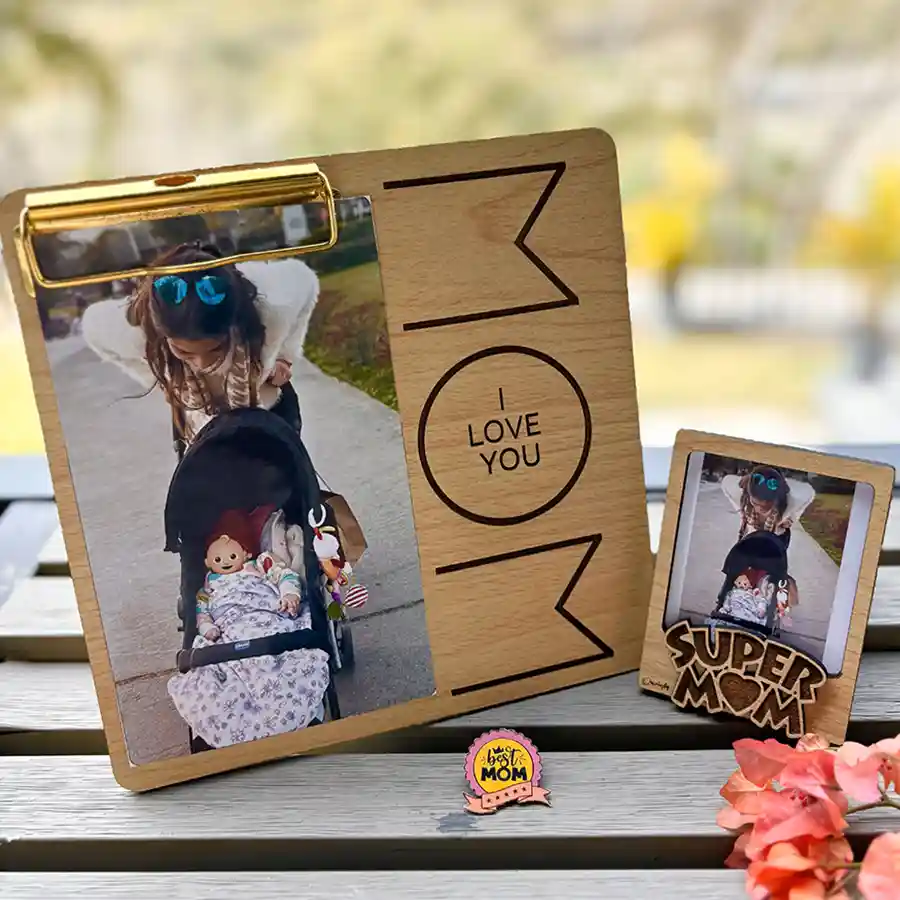 Heartfelt Mother's Day Keepsake Trio featuring a personalized photo plank, a Super MOM magnet, and a Best Mom lapel pin.
