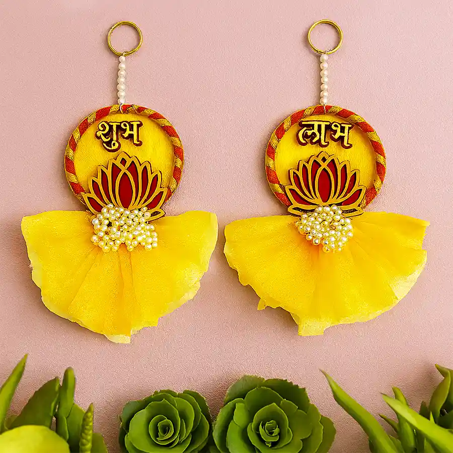 Handcrafted Subh Labh Diya Set with pearlescent finish, symbolizing blessings and good fortune.