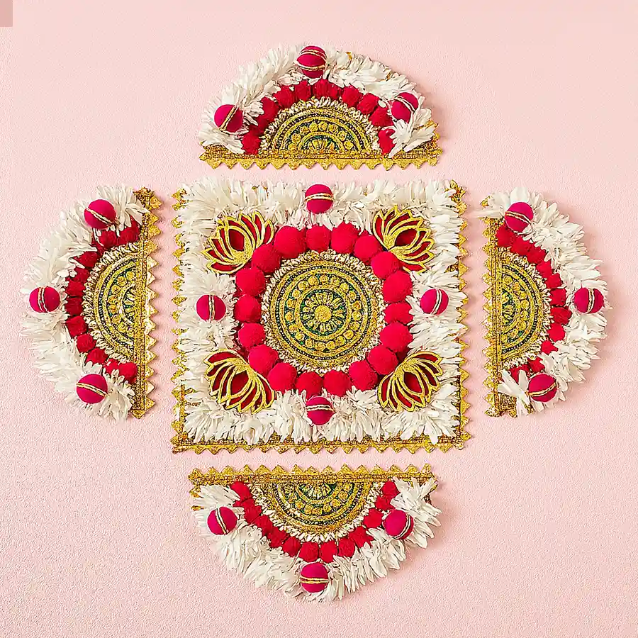 Vibrant half circle Gajra Rangoli set with reusable design and diyas for festive celebrations.