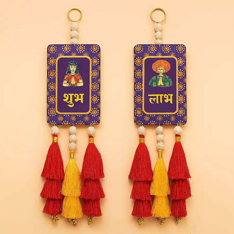 Rajasthani Style MDF Subh Labh Door Hanging showcasing intricate designs and vibrant artistry.
