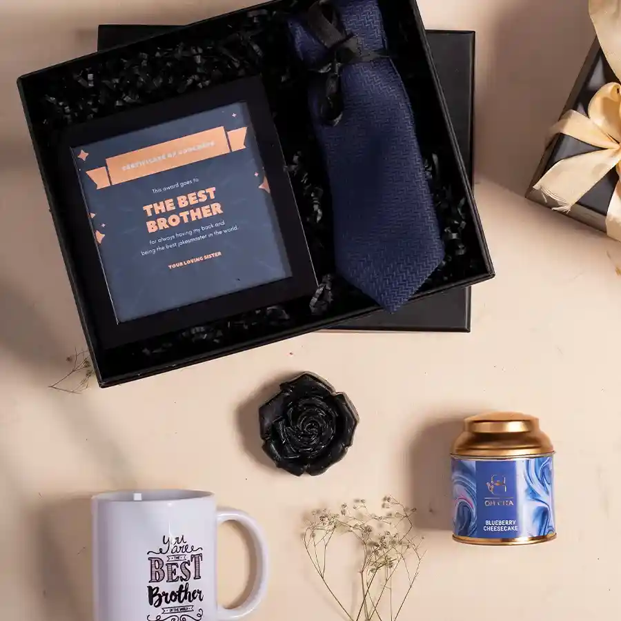 Gift box for brother featuring award frame, mug, tie, tea, and soap in a black signature box. Perfect for expressing appreciation.