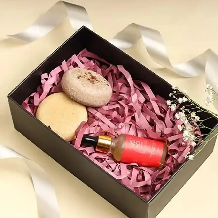 Luxurious Glow Skincare Box with goat milk soaps and rosehip oil.