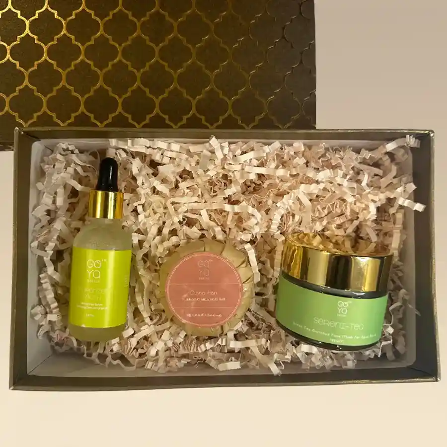 Relax N Revive Spa Kits Gift Set with face mask, hair serum, and goat milk soap for a rejuvenating home spa experience.