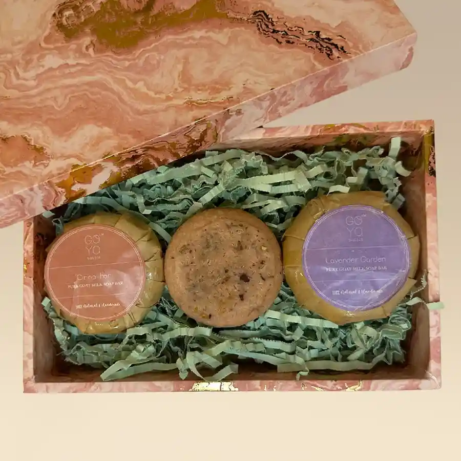 Luxurious Goat Milk Soaps Gift Box with three unique soaps for a rejuvenating bath experience.