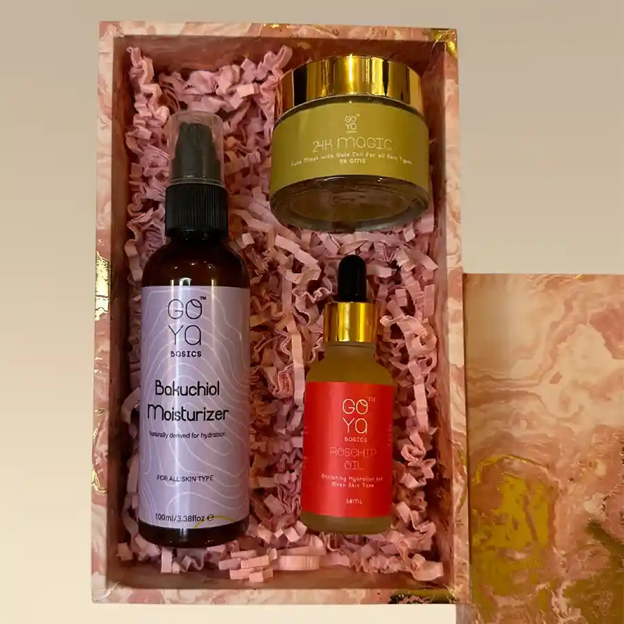 Precious Pampering Gift Box featuring 24K Magic Gold Face Mask, Bakuchiol Body Moisturizer, and Rosehip Oil for luxurious skincare.