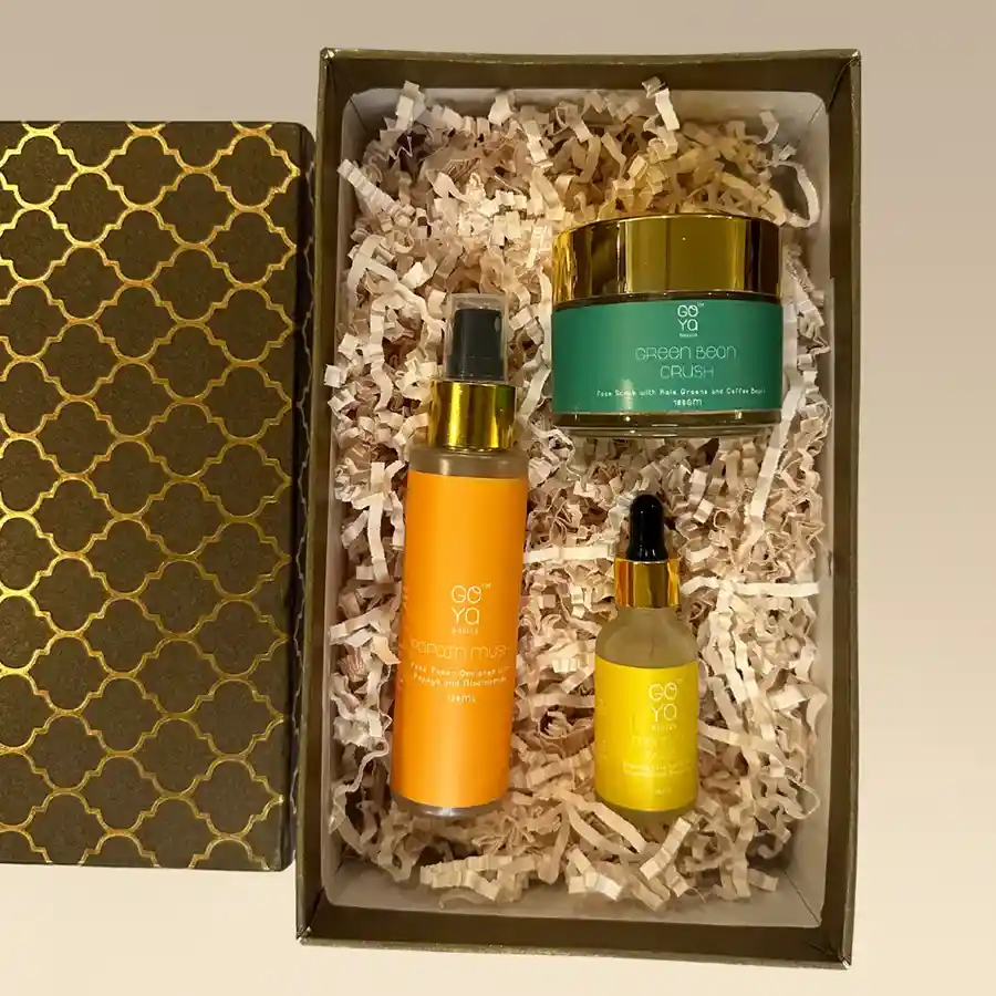 Radiance Rejuvenation Skin Care Box featuring Papain Mush Toner, Green Bean Crush Scrub, and Morning Bliss Vitamin C Serum.