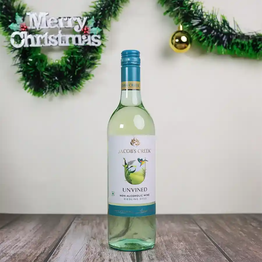 Festive Non-Alcoholic Wine Gift featuring Jacob's Creek Riesling Unvined in a charming holiday package.
