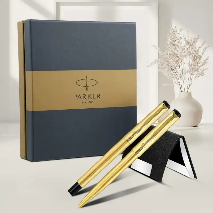 Luxury Gift Set featuring Parker Vector Gold Trim Roller and Ball Pen with a stylish visiting card holder.