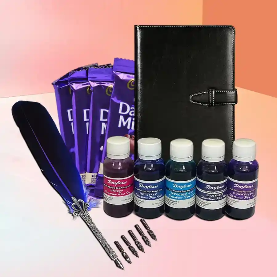 Quill, ink, chocolates, and a diary in a delightful gift set.