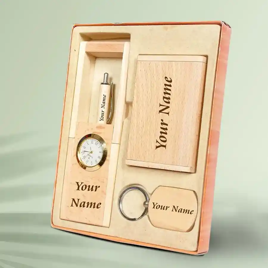 Personalized Wooden Desk Essentials Set with engraved pen, stand, keychain, and card holder.
