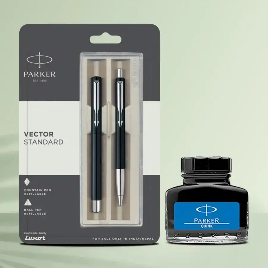 Elegant Parker Pen n Ink Set featuring a fountain pen, ball pen, and quink ink bottle.
