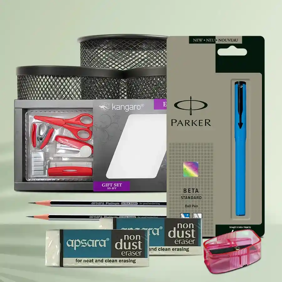 Office Harmony Organizer Gift Set with stylish desk essentials including a rotating pen stand, Parker pen, and Kangaro stapler kit.