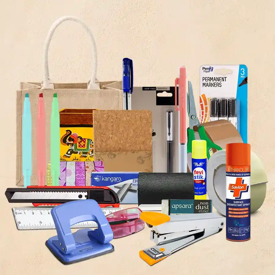 Office Essentials Celebration Hamper featuring eco-friendly items for a productive workspace.