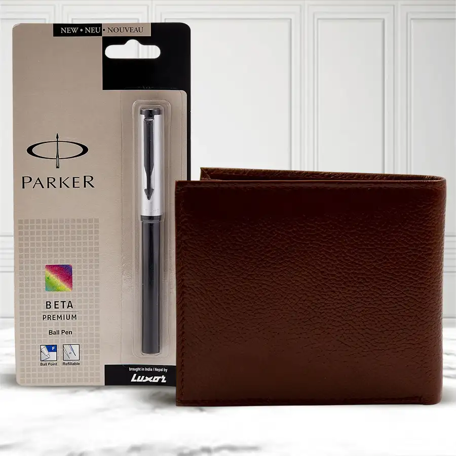 Parker Vector Standard Ball Pen alongside Rich Born Brown Leather Wallet featuring card slots and coin pockets.